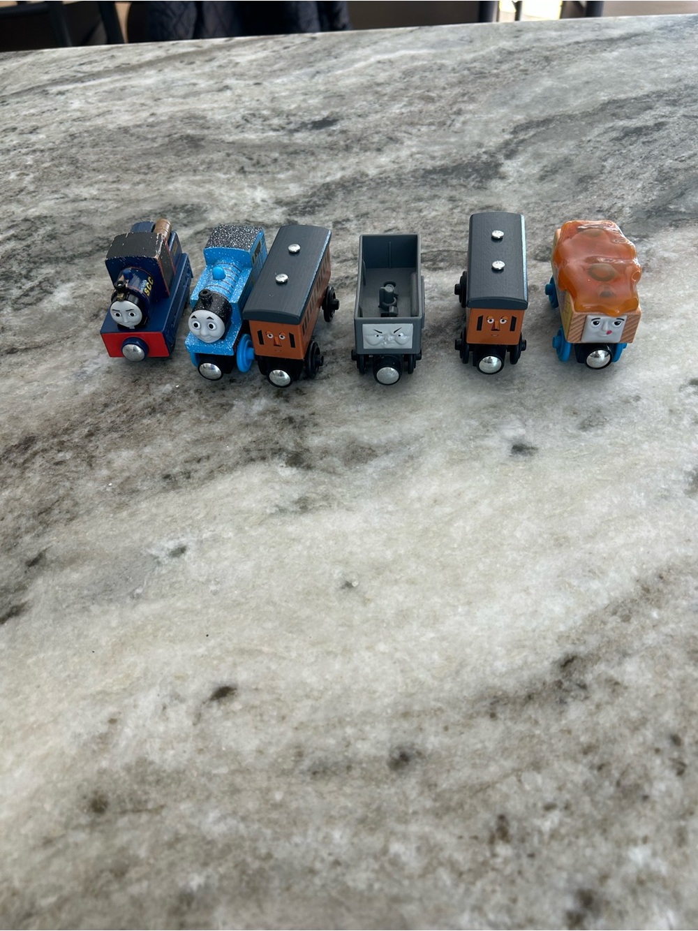 Thomas & Friends Wooden Train Locomotives and Cars - Blue, Orange, Gray